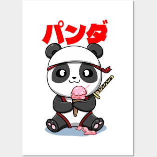 Kawaii Ninja Panda eating ice cream パンダ Posters and Art